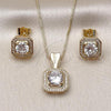 Oro Laminado Earring and Pendant Adult Set, Gold Filled Style Cluster and Heart Design, with White Cubic Zirconia, Polished, Golden Finish, 10.283.0022