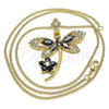 Oro Laminado Pendant Necklace, Gold Filled Style Dragon-Fly and Flower Design, with Black and White Cubic Zirconia, Polished, Golden Finish, 04.283.0014.1.20