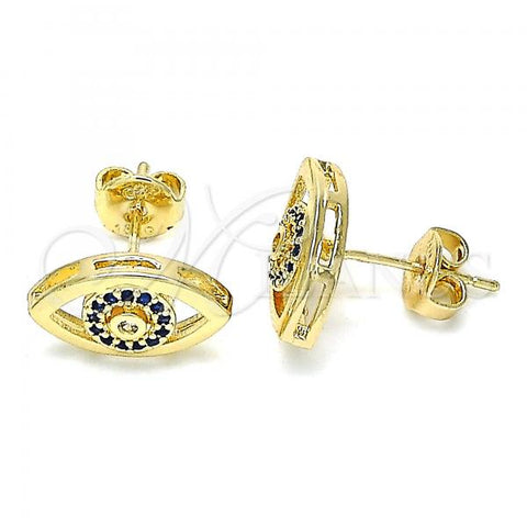 Oro Laminado Stud Earring, Gold Filled Style with Sapphire Blue and White Micro Pave, Polished, Golden Finish, 02.156.0440.1