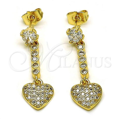 Oro Laminado Long Earring, Gold Filled Style Heart Design, with White Cubic Zirconia and White Micro Pave, Polished, Golden Finish, 02.283.0081
