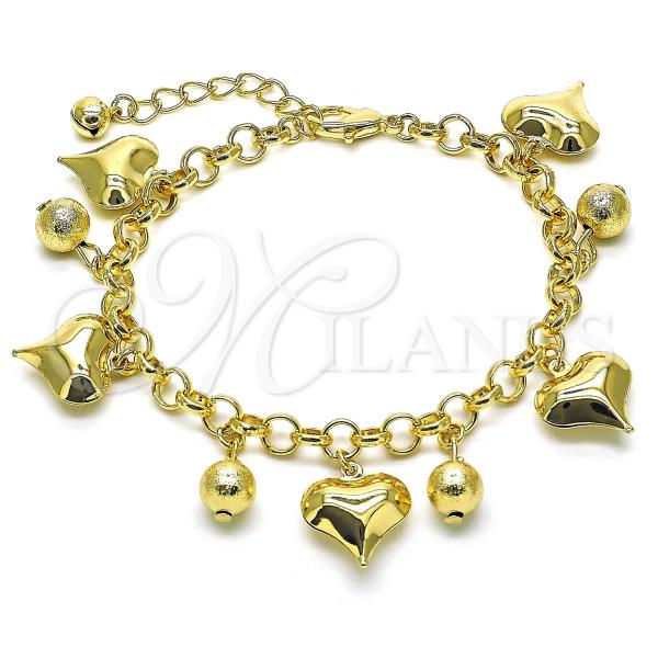 Oro Laminado Charm Bracelet, Gold Filled Style Heart and Ball Design, Polished, Golden Finish, 03.331.0255.08