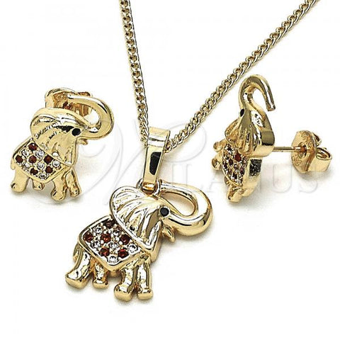 Oro Laminado Earring and Pendant Adult Set, Gold Filled Style Elephant Design, with Garnet and White Micro Pave, Polished, Golden Finish, 10.26.0021.3