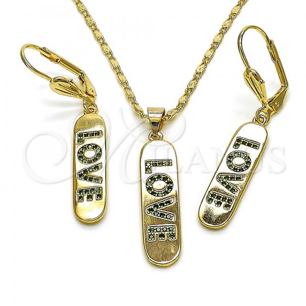 Oro Laminado Earring and Pendant Adult Set, Gold Filled Style Nameplate and Love Design, with Green Micro Pave, Polished, Golden Finish, 10.196.0072.1