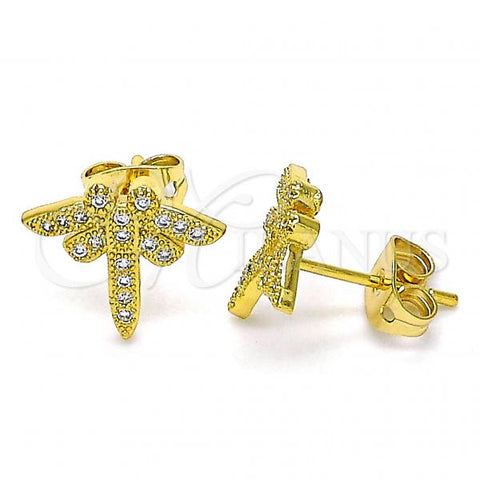 Oro Laminado Stud Earring, Gold Filled Style Dragon-Fly Design, with White Micro Pave, Polished, Golden Finish, 02.342.0073