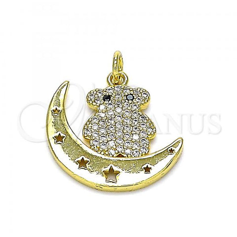 Oro Laminado Fancy Pendant, Gold Filled Style Teddy Bear and Moon Design, with White and Black Micro Pave, Polished, Golden Finish, 05.381.0004