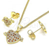 Oro Laminado Earring and Pendant Adult Set, Gold Filled Style Heart Design, with Garnet and White Micro Pave, Polished, Golden Finish, 10.156.0290.1