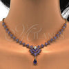 Oro Laminado Necklace and Earring, Gold Filled Style Teardrop and Leaf Design, with Amethyst and White Cubic Zirconia, Polished, Golden Finish, 06.236.0003.1