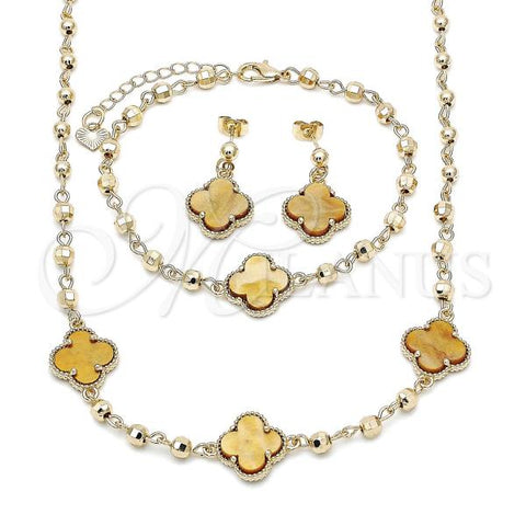 Oro Laminado Necklace, Bracelet and Earring, Gold Filled Style Four-leaf Clover and Ball Design, with Coffee Crystal, Polished, Golden Finish, 06.414.0002