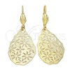 Oro Laminado Dangle Earring, Gold Filled Style Teardrop and Flower Design, Diamond Cutting Finish, Golden Finish, 5.088.005