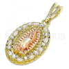 Oro Laminado Religious Pendant, Gold Filled Style Guadalupe Design, with White Crystal, Polished, Tricolor, 05.380.0045