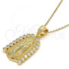 Oro Laminado Religious Pendant, Gold Filled Style Guadalupe Design, with White Cubic Zirconia, Polished, Golden Finish, 05.120.0019