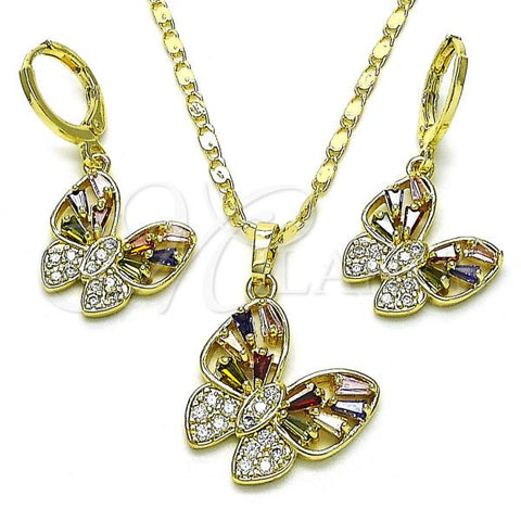 Oro Laminado Earring and Pendant Adult Set, Gold Filled Style Butterfly Design, with Multicolor Cubic Zirconia and White Micro Pave, Polished, Golden Finish, 10.196.0127