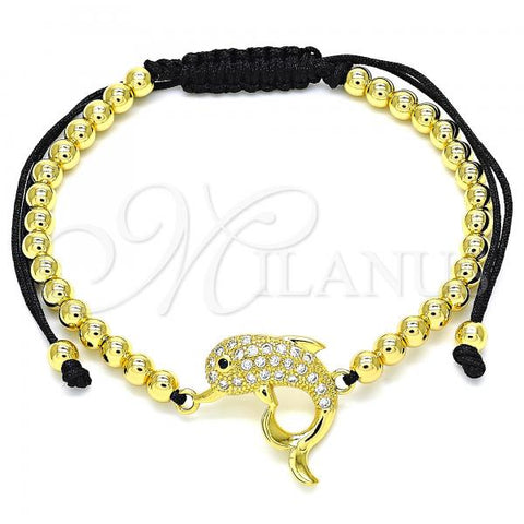 Oro Laminado Adjustable Bolo Bracelet, Gold Filled Style Butterfly and Ball Design, with Black and White Micro Pave, Polished, Golden Finish, 03.299.0083.11
