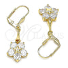 Oro Laminado Long Earring, Gold Filled Style Flower and Star Design, with White Cubic Zirconia, Polished, Golden Finish, 02.387.0063.1