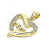 Oro Laminado Fancy Pendant, Gold Filled Style Mom and Heart Design, with White Micro Pave, Polished, Golden Finish, 05.342.0023