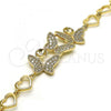 Oro Laminado Fancy Bracelet, Gold Filled Style Butterfly and Heart Design, with White Micro Pave, Polished, Golden Finish, 03.283.0244.07