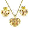 Oro Laminado Earring and Pendant Adult Set, Gold Filled Style Heart Design, with Garnet Micro Pave, Polished, Golden Finish, 10.156.0274.2