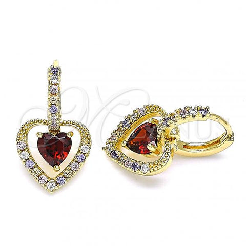 Oro Laminado Dangle Earring, Gold Filled Style Heart Design, with Garnet Cubic Zirconia and Multicolor Micro Pave, Polished, Golden Finish, 02.65.2660.1