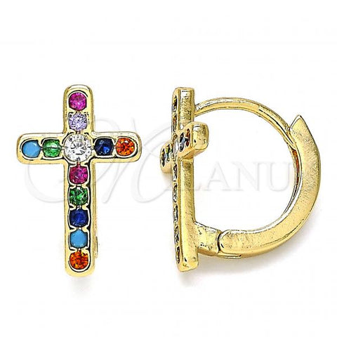 Oro Laminado Huggie Hoop, Gold Filled Style Cross Design, with Multicolor Cubic Zirconia, Polished, Golden Finish, 02.210.0450.1.15