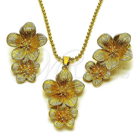 Oro Laminado Earring and Pendant Adult Set, Gold Filled Style Flower and Ball Design, Diamond Cutting Finish, Golden Finish, 10.282.0010