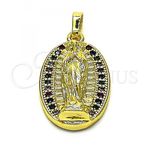Oro Laminado Religious Pendant, Gold Filled Style Guadalupe Design, with Multicolor Micro Pave, Polished, Golden Finish, 05.284.0006