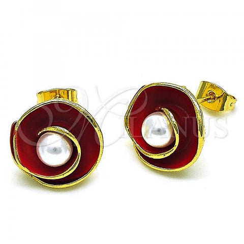 Oro Laminado Stud Earring, Gold Filled Style Flower Design, with Ivory Pearl, Red Enamel Finish, Golden Finish, 02.379.0019.2