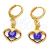 Oro Laminado Long Earring, Gold Filled Style Heart Design, with Amethyst and White Cubic Zirconia, Polished, Golden Finish, 02.217.0063.3