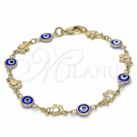 Oro Laminado Fancy Bracelet, Gold Filled Style Evil Eye and Elephant Design, Blue Resin Finish, Golden Finish, 03.326.0010.2.08