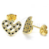 Oro Laminado Stud Earring, Gold Filled Style Heart Design, with Black and White Micro Pave, Polished, Golden Finish, 02.233.0023.1