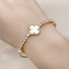 Oro Laminado Fancy Bracelet, Gold Filled Style Four-leaf Clover Design, with White Cubic Zirconia and Ivory Mother of Pearl, Diamond Cutting Finish, Golden Finish, 03.284.0054.07