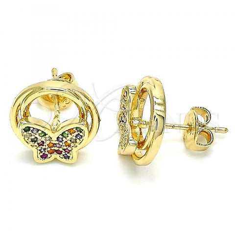 Oro Laminado Stud Earring, Gold Filled Style Butterfly Design, with Multicolor Micro Pave, Polished, Golden Finish, 02.156.0453.3