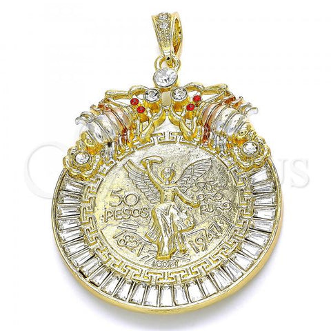 Oro Laminado Religious Pendant, Gold Filled Style Centenario Coin and Scorpion Design, with White and Garnet Crystal, Polished, Tricolor, 05.351.0151