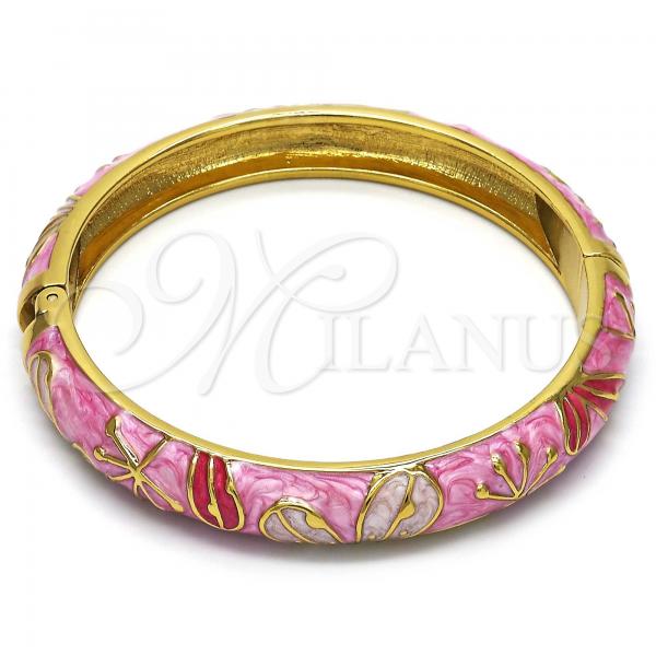 Oro Laminado Individual Bangle, Gold Filled Style Flower Design, Pink Enamel Finish, Golden Finish, 07.246.0008.4.05 (10 MM Thickness, Size 5 - 2.50 Diameter)