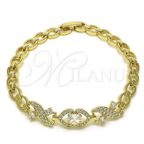 Oro Laminado Fancy Bracelet, Gold Filled Style Heart Design, with White Cubic Zirconia and White Micro Pave, Polished, Golden Finish, 03.283.0334.07