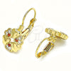 Oro Laminado Leverback Earring, Gold Filled Style Flower and Heart Design, with Garnet and White Micro Pave, Polished, Golden Finish, 02.210.0382.1