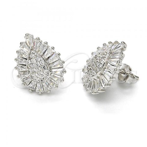 Sterling Silver Stud Earring, Teardrop Design, with White Cubic Zirconia, Polished, Rhodium Finish, 02.175.0122
