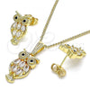 Oro Laminado Earring and Pendant Adult Set, Gold Filled Style Owl Design, with White and Black Cubic Zirconia, Polished, Golden Finish, 10.210.0130.1