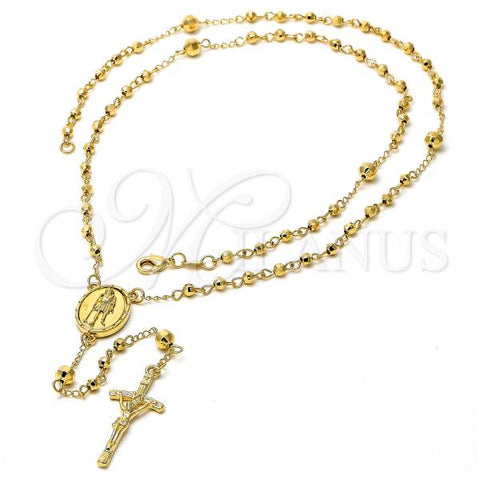 Oro Laminado Medium Rosary, Gold Filled Style San Lazaro and Crucifix Design, Polished, Golden Finish, 5.204.005.1.24