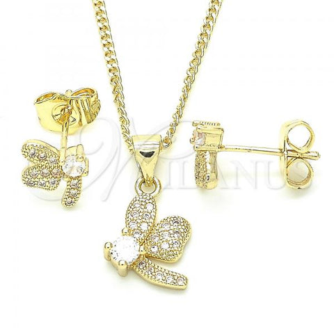 Oro Laminado Earring and Pendant Adult Set, Gold Filled Style Dragon-Fly Design, with White Cubic Zirconia and White Micro Pave, Polished, Golden Finish, 10.199.0152