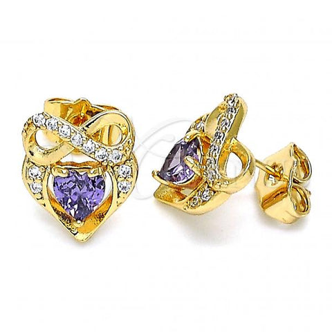 Oro Laminado Stud Earring, Gold Filled Style Heart and Infinite Design, with Amethyst and White Cubic Zirconia, Polished, Golden Finish, 02.387.0070.1