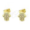 Oro Laminado Stud Earring, Gold Filled Style Hand of God Design, with White and Ruby Micro Pave, Polished, Golden Finish, 02.156.0575