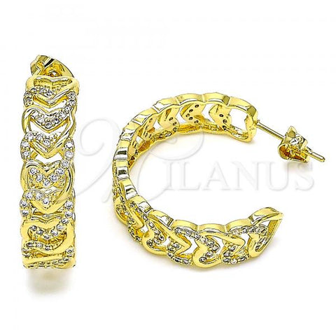 Oro Laminado Stud Earring, Gold Filled Style Heart Design, with White Micro Pave, Polished, Golden Finish, 02.341.0095