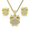 Oro Laminado Earring and Pendant Adult Set, Gold Filled Style Owl Design, with Ruby Cubic Zirconia and White Micro Pave, Polished, Golden Finish, 10.156.0390