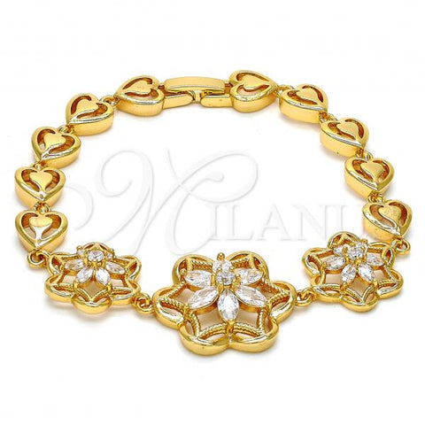 Oro Laminado Fancy Bracelet, Gold Filled Style Flower and Heart Design, with White Cubic Zirconia, Polished, Golden Finish, 03.206.0038.07