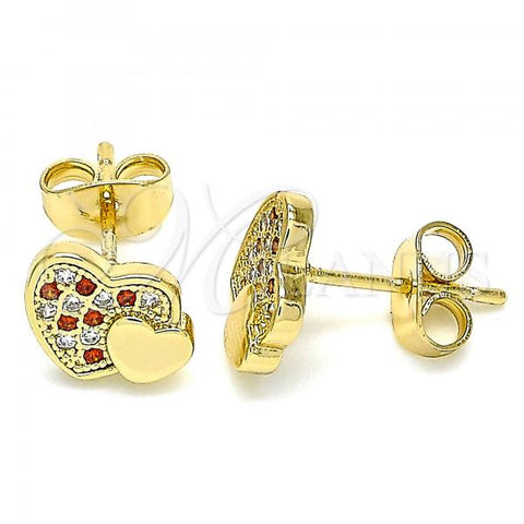 Oro Laminado Stud Earring, Gold Filled Style Heart Design, with Garnet and White Micro Pave, Polished, Golden Finish, 02.344.0041.1