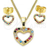 Oro Laminado Earring and Pendant Adult Set, Gold Filled Style Heart Design, with Multicolor Micro Pave, Polished, Golden Finish, 10.233.0043.2