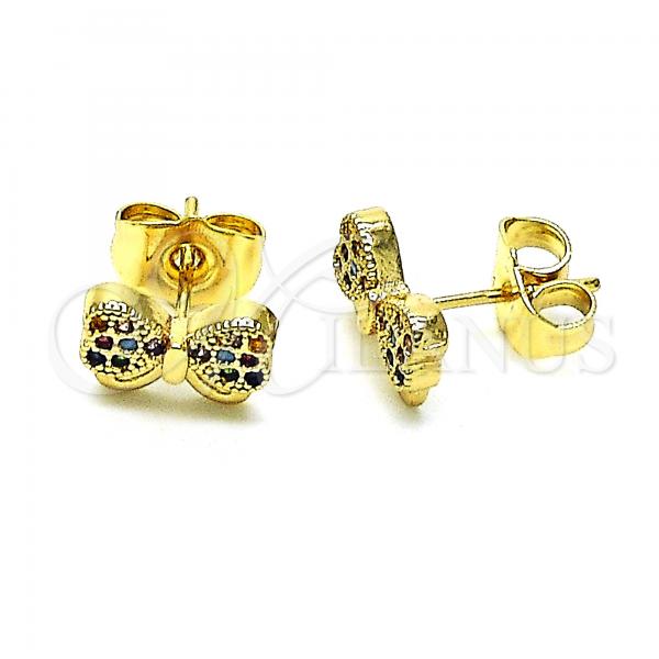 Oro Laminado Stud Earring, Gold Filled Style Bow Design, with Multicolor Micro Pave, Polished, Golden Finish, 02.210.0664.1