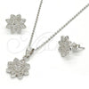 Sterling Silver Earring and Pendant Adult Set, Flower Design, with White Micro Pave, Polished, Rhodium Finish, 10.174.0208