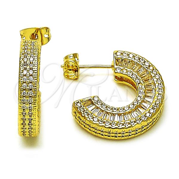 Oro Laminado Small Hoop, Gold Filled Style Baguette Design, with White Cubic Zirconia and White Micro Pave, Polished, Golden Finish, 02.341.0226.20