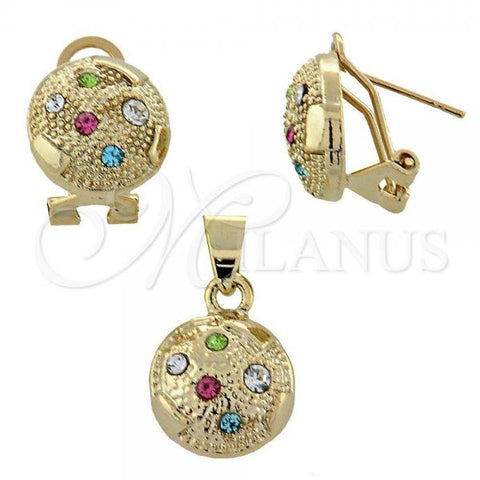 Oro Laminado Earring and Pendant Adult Set, Gold Filled Style Ball Design, with Multicolor Crystal, Diamond Cutting Finish, Golden Finish, 5.047.009